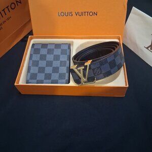Louis Vuitton Belt & Wallet Set – Damier Design, Gold Buckle, 115cm (46in) – FRE